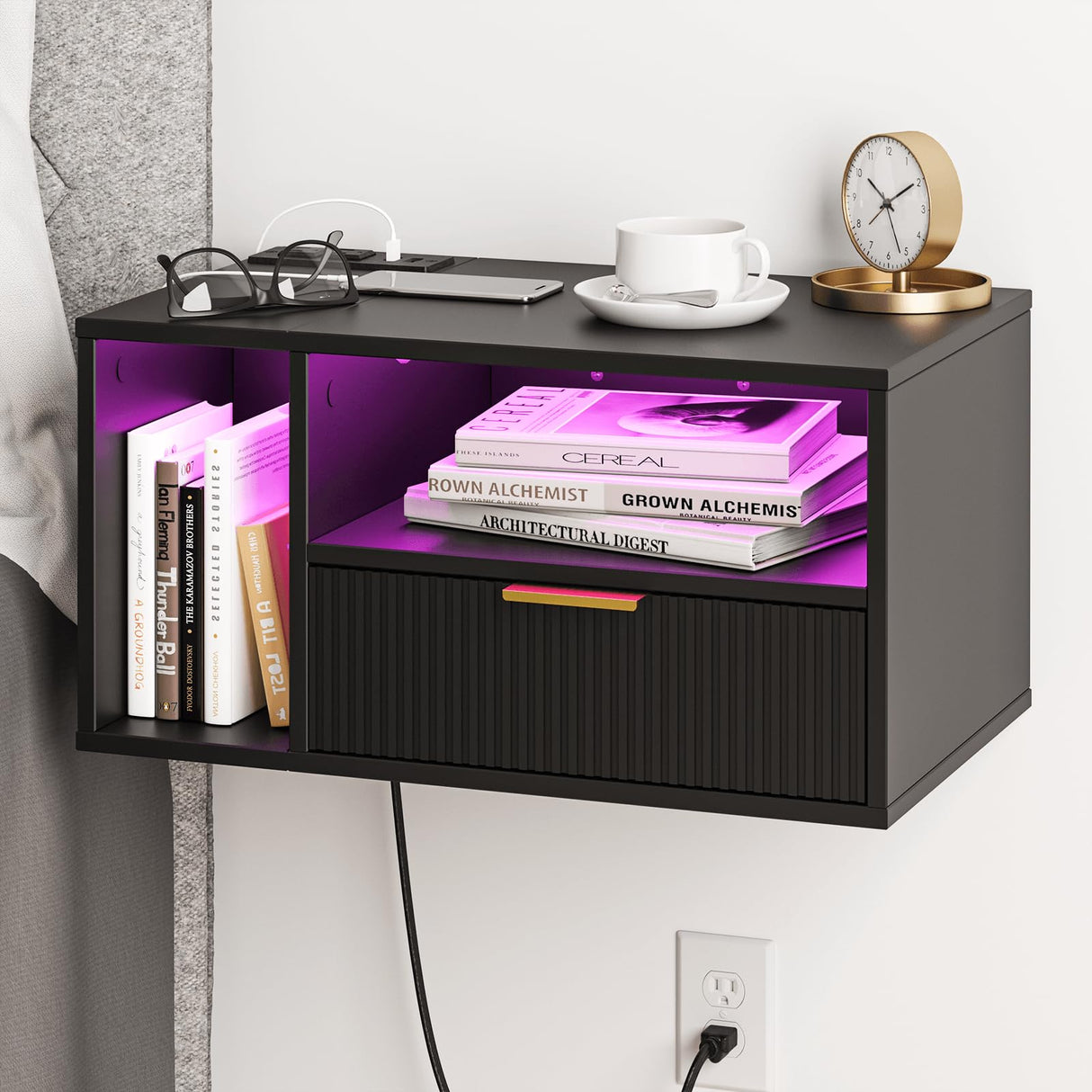 Veegle Black Floating Nightstand with Charging Station and LED Lights,Black Veegle