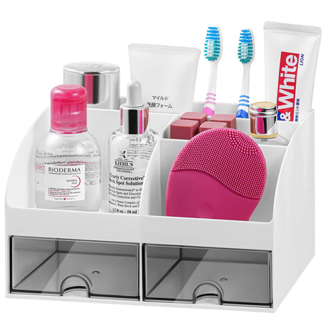 VITVITI Toothbrush Holders for Bathrooms Countertop, 5 Slots Toothpaste Bathroom Counter Sink Organizer with Drawers, Plastic Bathroom Organizer for Vanity/Makeup/Office White VITVITI