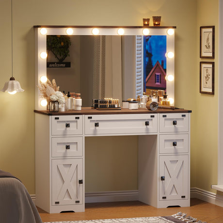 Hasuit Farmhouse Vanity Desk with LED Lights Mirror & Power Outlet 43'' Makeup Vanity Table with 5 Drawers & 2 Cabinets, Dressing Table for Bedroom,3 Color Lighting Modes Adjustable Brightness,White Hasuit