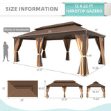 MELLCOM 12' x 22' Hardtop Gazebo,Galvanized Steel Metal Double Roof Aluminum Gazebo with Curtain and Netting,Brown Permanent Pavilion Gazebo with Aluminum Frame for Patios,Gardens,Lawns MELLCOM