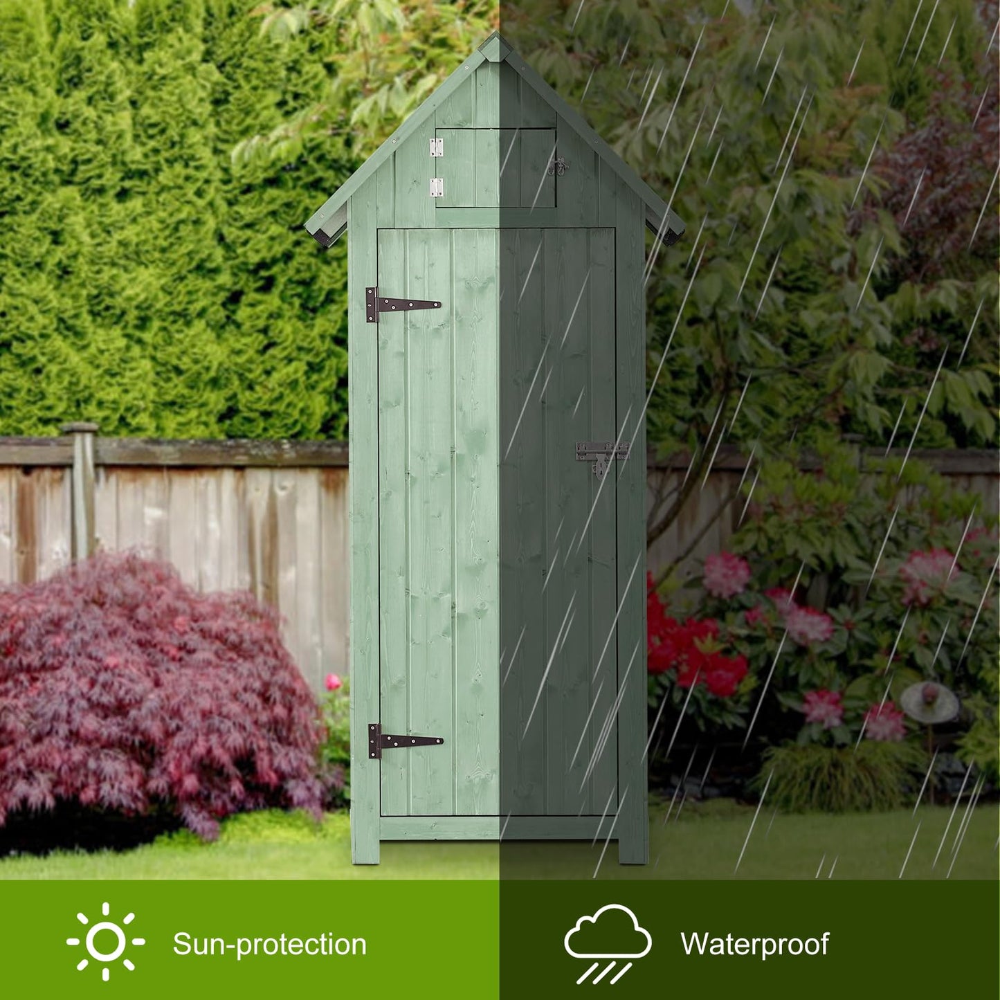 Shed Outdoor Storage Cabinet, Wood Garden Sheds with Floor, Outside Tool Outhouse Organizer with Waterproof Roof, Shelves and Lockable Door for Patio Hallway and Backyard (Green) - WoodArtSupply