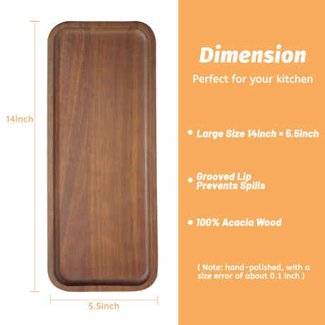 HOMKULA Solid Acacia Wood Serving Trays and Platters - Wooden Mini Charcuterie Boards, Rectangle Small Cheese Board for Food, Bathroom, Home Decor, Kitchen Counter, 14"x5.5" (1 Pack) HOMKULA
