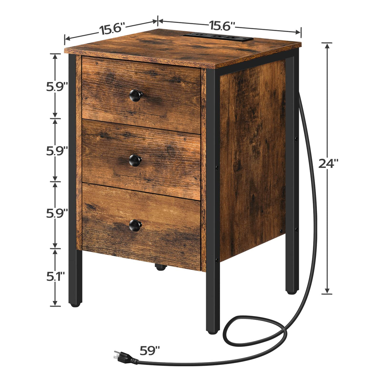 HOOBRO Nightstand with Charging Station, Side Table with 3 Drawers and Storage Shelf, End Table with USB Ports, Retro Industrial Style Bedside Table, for Living Room, Bedroom, Rustic Brown BF461BZ01G2 HOOBRO