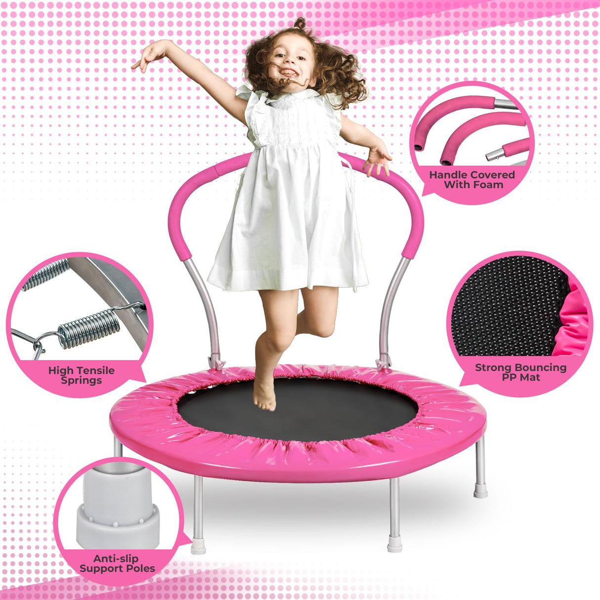 Roinoim 36 Inch Mini Trampoline for Kids with Handle, Indoor Round Toddler Trampoline, Pink Roinoim
