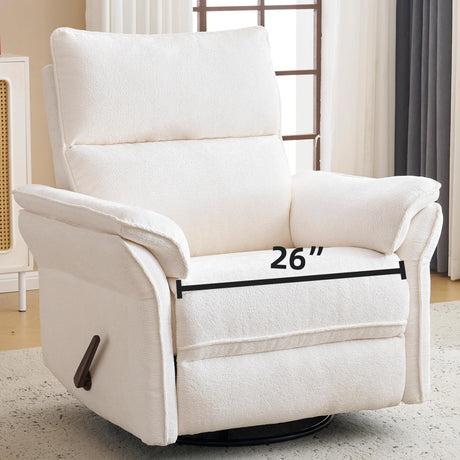 Rhevoy Oversized Recliner Chair, 26" Extra Wide 360° Swivel Rocker Recliner with Adjustable Headrest, Chenille Glider Rocking Nursery Chair with Overstuffed Armrest, Lumbar Support, White Rhevoy