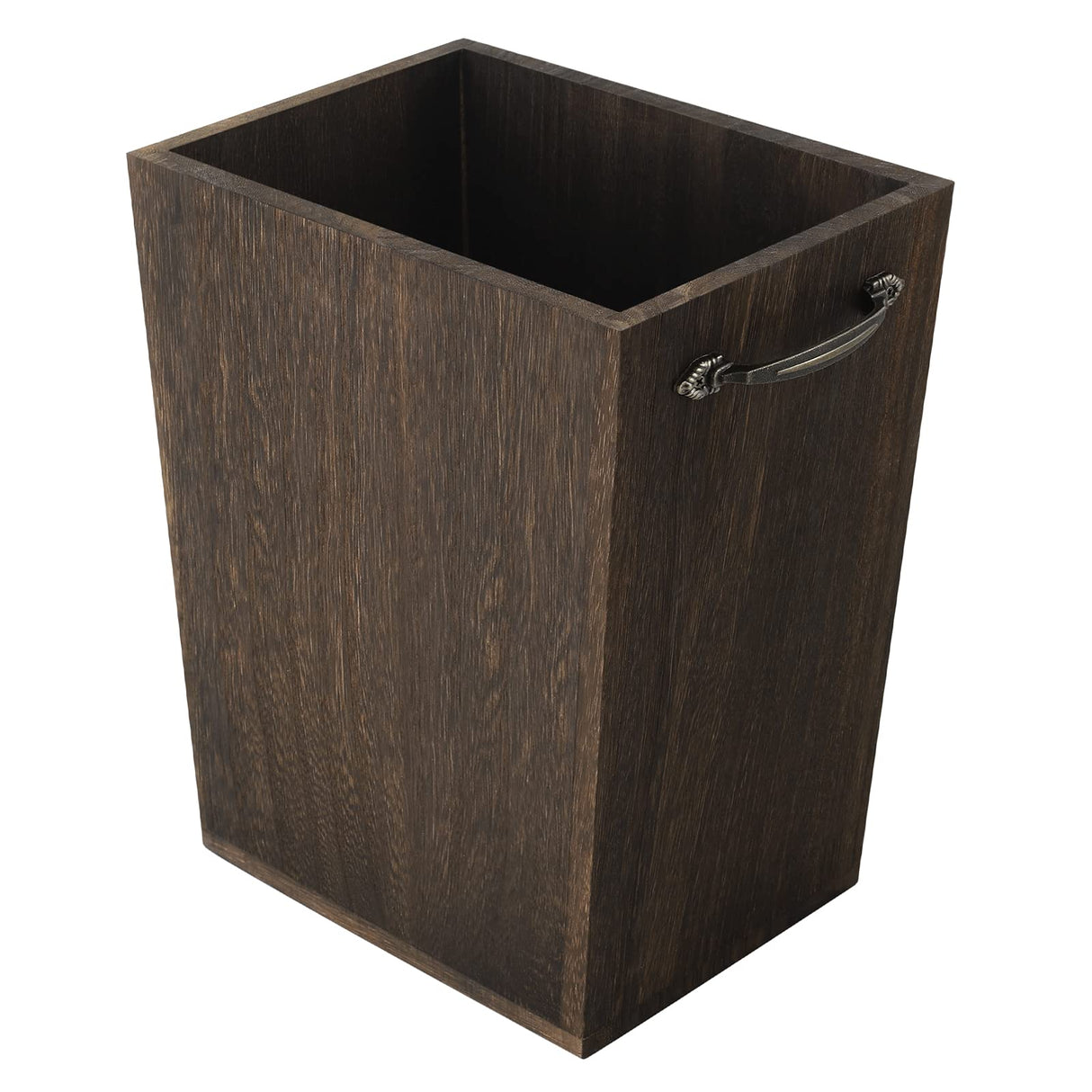 Trash Can Wastebasket Wood Garbage Container Bin with Built-in Double Metal Handles for Office, Bedroom, and Bathroom, Dark Brown OYEAL