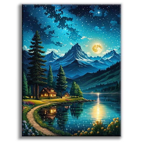 Offito Mountains Moon Lake Diamond Art Kits for Adults, Lakeside Villages Diamond Painting Kits for Beginners, Starry Sky Landscape DIY Full Drill Dots Gem Art Paint for Home Wall Decor 12 x 16 Inch Offito
