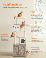 Feandrea Cat Tree with Litter Box Enclosure, 2-in-1 Modern Cat Tower, 72.8-Inch Tall Cat Condo with Scratching Posts, Perch, Caves, Basket, Washable Cushions, Heather Greige UPCT116G01 Feandrea
