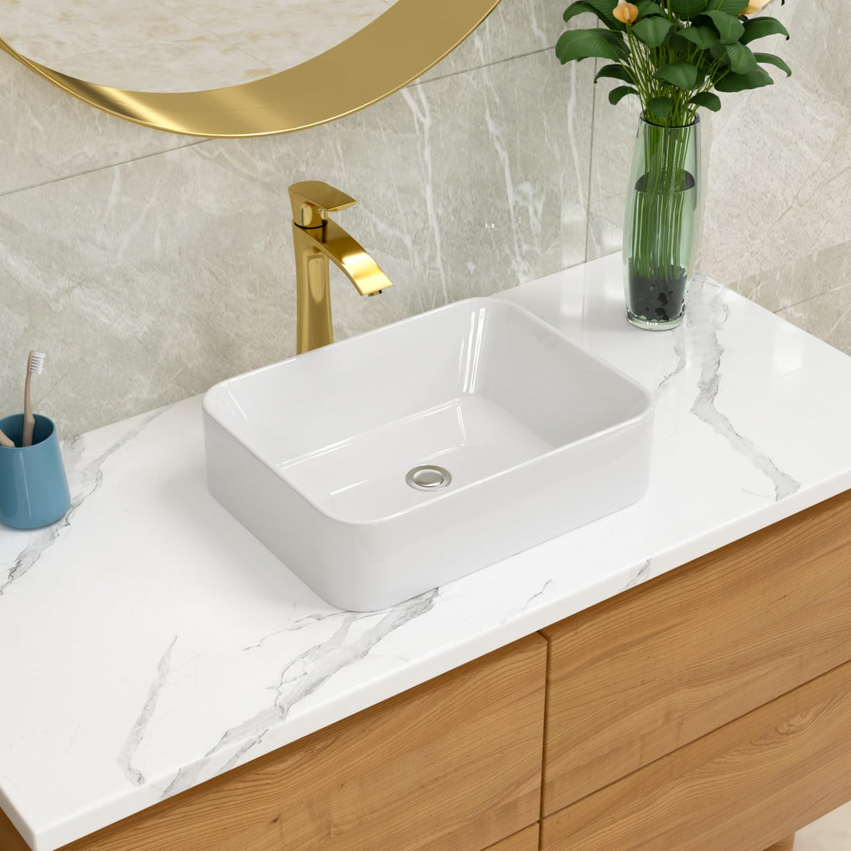 Lordear Vessel Sink Rectangle 19 Inch Bathroom Sink,Rectangular Modern Above Counter Bathroom Sinks White 19x15 Inch Porcelain Ceramic Vessel Vanity Sink Art Basin Lordear
