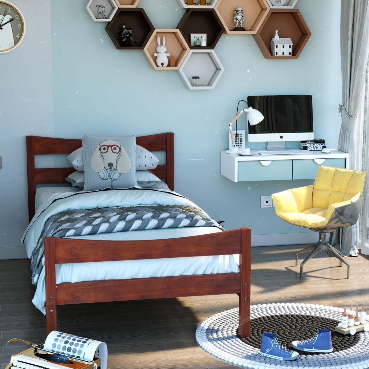 Giantex Wood Bed Frame Twin Size, Rustic Style Platform Bed w/Headboard & Footboard, Solid Wood Slat Support, No Box Spring Needed, Panel Bed Mattress Foundation for Kids (Walnut) Giantex