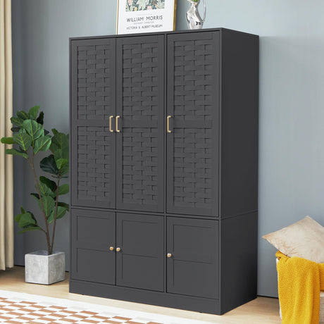 LEVNARY Wardrobe Closet with 6 Woven Doors, Walnut Armoire Wardrobe Cabinet for High Storage Capacity with Adjustable Shelves and Hanging Rail, Freestanding Tall Bedroom Closet (Black) LEVNARY