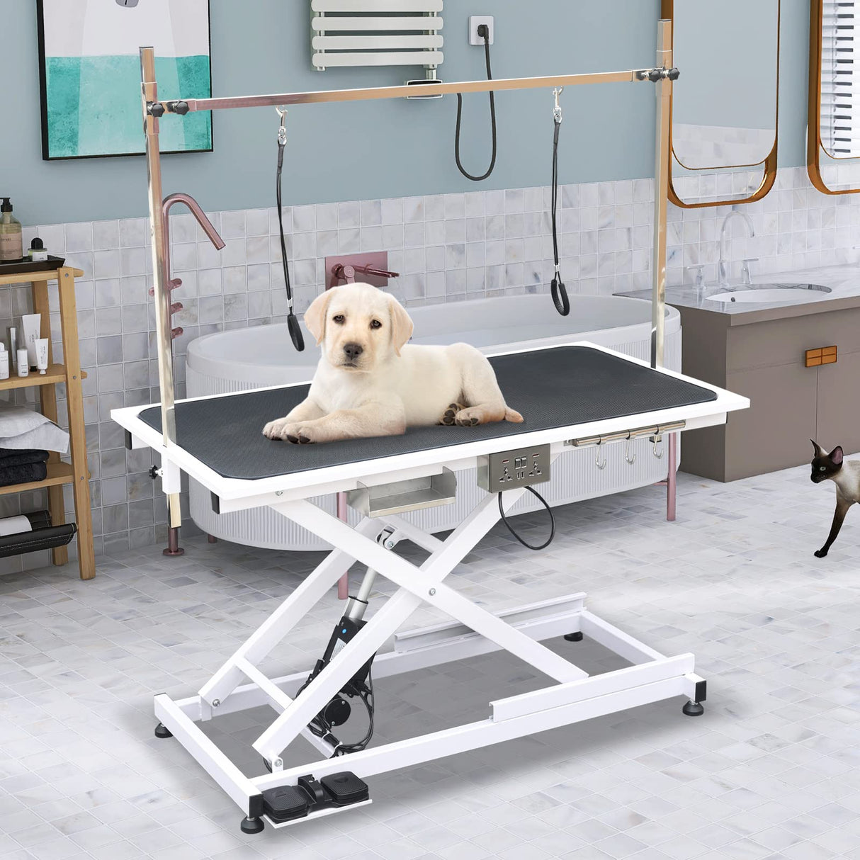 SoarFlash 49.6” Electric Lift Pet Dog Grooming Table,Heavy Duty Electric Grooming Table for Dogs&Cats,Heavy Duty Height Adjustable with Overhead Arm, Clamps, Two Grooming Noose SoarFlash