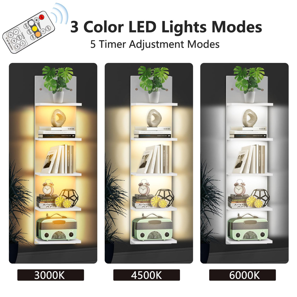 BEARUT 5 Tier White Floating Shelves with Light LED Wall Mount Vertical Lack Shelf with LED Wall Decor Shelves for Bedroom Living Rooms Bathroom Book Gaming Shelves White BEARUT