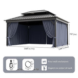 12'x14' Gazebo Curtains Outdoor Waterproof with Hanging Rings, 4-Panel Double Zipper Sidewalls Universal Replacement Privacy Curtain, Outdoor Gazebo Curtains for Patio, Backyard(Curtains Only) Snubbull