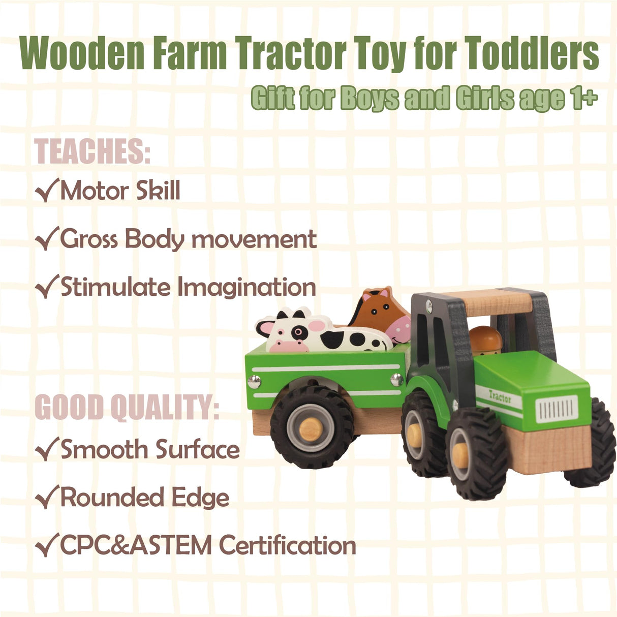 WoodenEdu Wooden Tractor Toys for Toddlers 1-3, Baby Vehicle Toys Hand Push Car Toys for 1 2 3 Year Old Boys Girls (Green) WoodenEdu