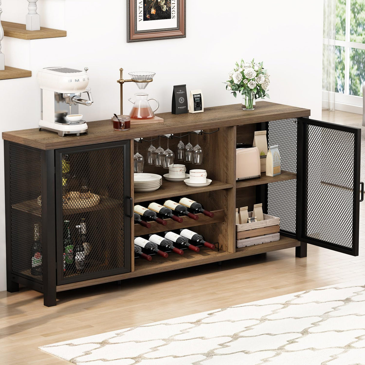 Launica Wine Bar Cabinet, Industrial Coffee Bar Cabinet Farmhouse for Liquor and Glasses, Sideboard Buffet Cabinet with Storage Rack for Home Kitchen Dining Room, Rustic Oak, 55 In Launica