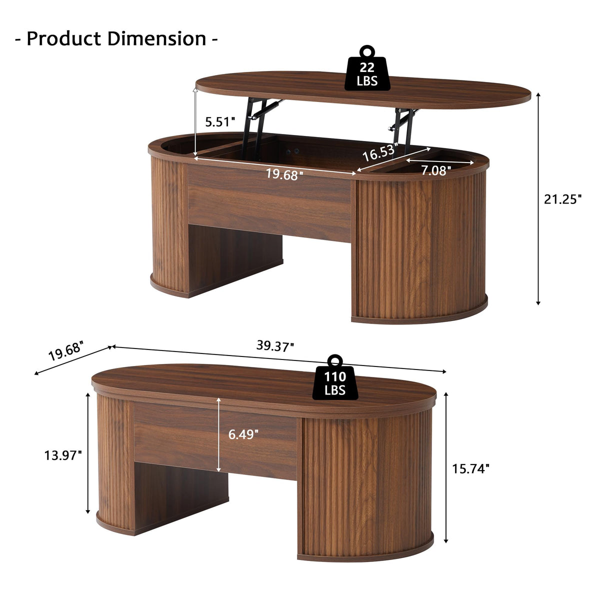 QHITTY Fluted Coffee Table with Lifting Top, Oval Wood Lift Top Coffee Table with Hidden Compartment, Mid Century Pull up Center Tables for Living Room, Office - Walnut QHITTY