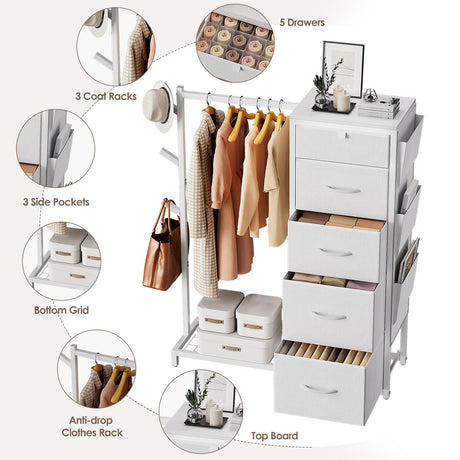 Luxspire Dresser with Hanging Rack, Reversible Dresser for Bedroom with 5 Fabric Drawers & 3 Coat Racks & Side Pockets Small Dressers with Clothes Racks, White Luxspire