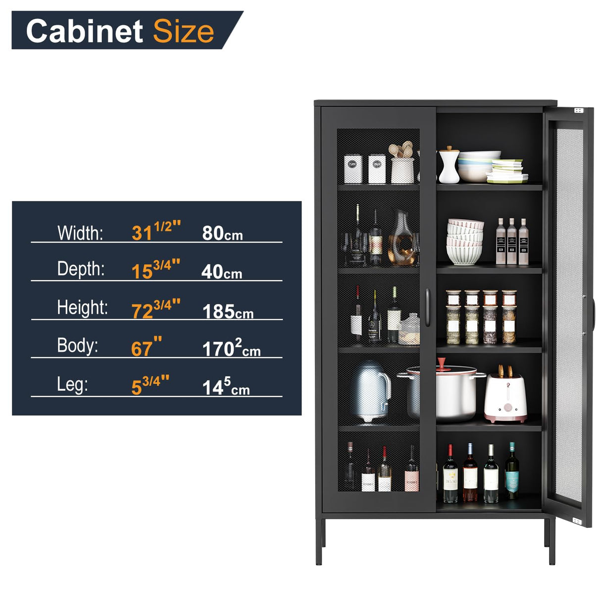 COFaR Metal Mesh Cabinet with 2 Mesh Doors and Adjustable Shelves, Versatile Storage for Kitchen, Laundry Room, Living Room, Office, Curio Display (72" Black) COFaR