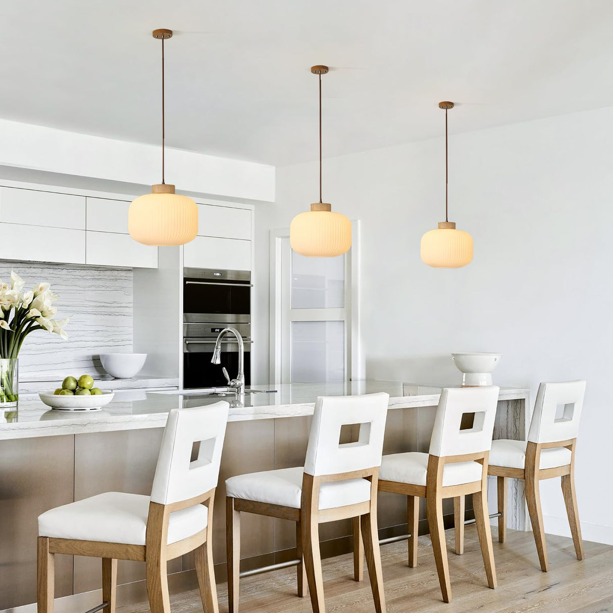 Flyrose Mid Century Modern Large Globe Pendant Light Milk Glass Single Pendant Light White Farmhouse Wood Pendant Lights Kitchen Island Dining Room Light Fixtures Over Table Flyrose