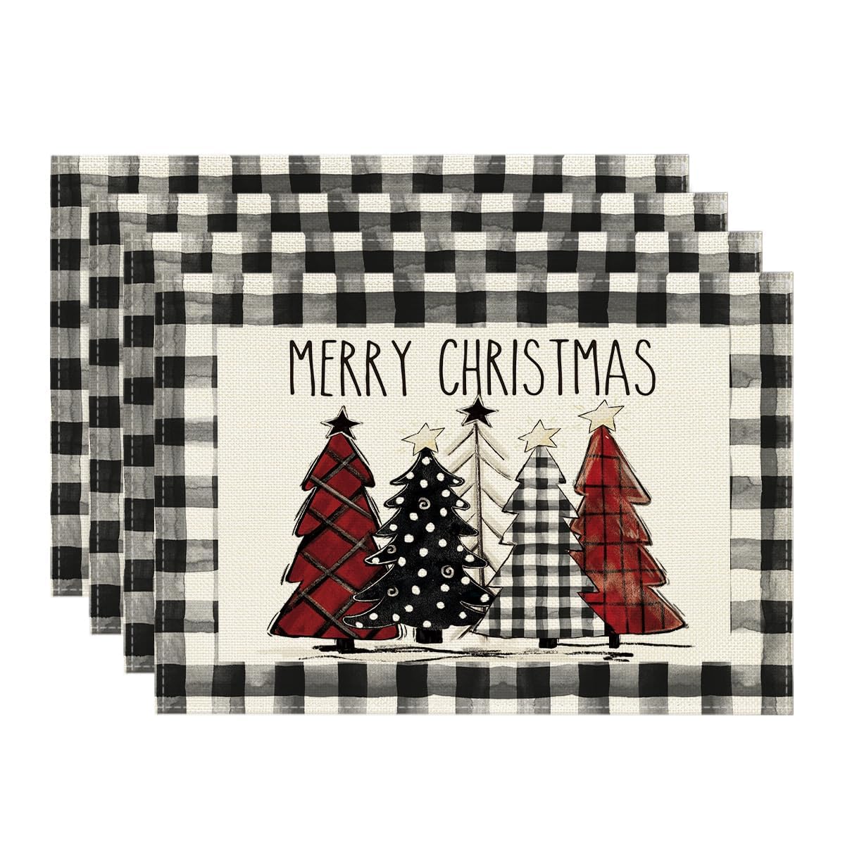 Artoid Mode Waterclor Buffalo Plaid Christmas Trees Placemats Set of 4, 12x18 Inch Winter Table Mats for Outdoor Home Party Kitchen Dining Decor Artoid Mode