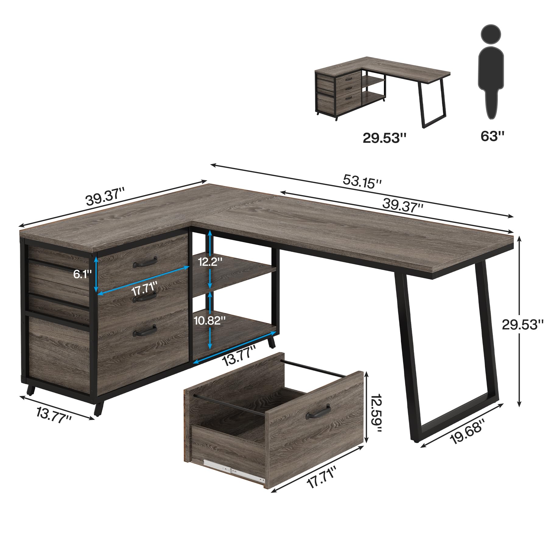 Tribesigns L-Shaped Desk with 3 Drawers, Reversible Corner Home Office Computer Desk with Shelves, 53-Inch Industrial PC Desk Study Writing Table Workstation for Small Space, Grey - WoodArtSupply