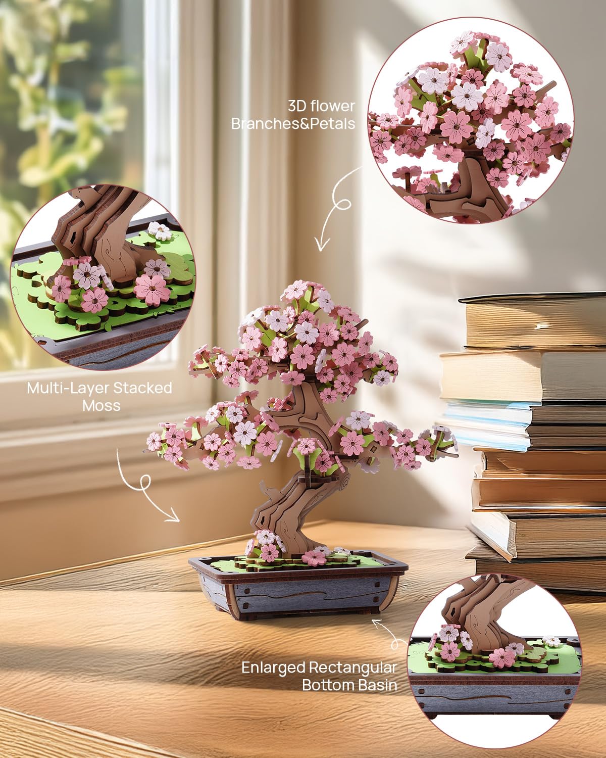 ROBOTIME Sakura Bonsai 3D Puzzles Wooden Artificial Cherry Blossom Tree DIY Model Building Kit for Home Decoration and Office Art Creative Gifts ROBOTIME