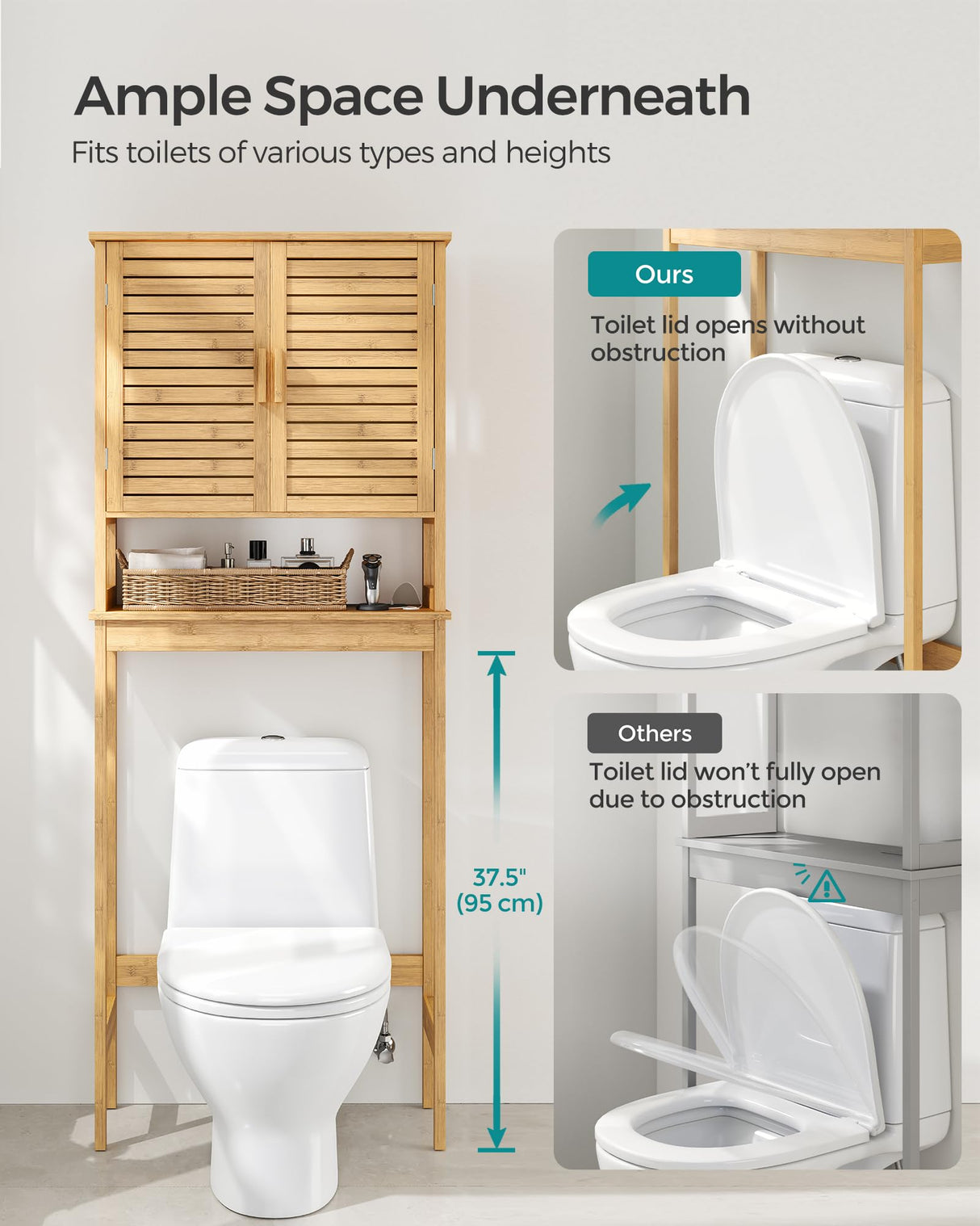 SONGMICS Over The Toilet Storage Cabinet, Bathroom Cabinet with Adjustable Inside Shelf and Bottom Stabilizer Bar, Space-Saving Toilet Rack, Cloud White UBTS010W01 SONGMICS