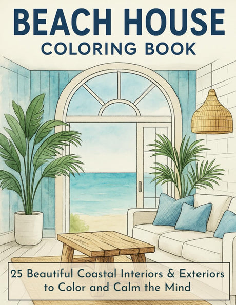 Beach House Coloring Book: 25 Beautiful Coastal Interiors & Exteriors to Color and Calm the Mind | Relaxing Coloring Pages for Adults & Teens ... | Relax, Unwind, And Escape To The Coast! WoodArtSupply
