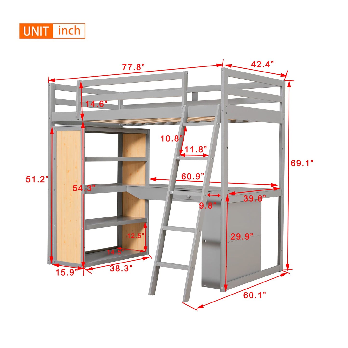 Harper & Bright Designs Twin Loft Bed with Desk, Shelves, and Storage in Grey - WoodArtSupply