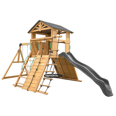 Backyard Discovery Endeavor All Cedar Wood Swing Set Playset with Gray Wave Slide for Backyard with Large Clubhouse Rope Ladder Rock Climbing Wall Wave Slide 2 Belt Swings and 1 Web Swing Gift Backyard Discovery