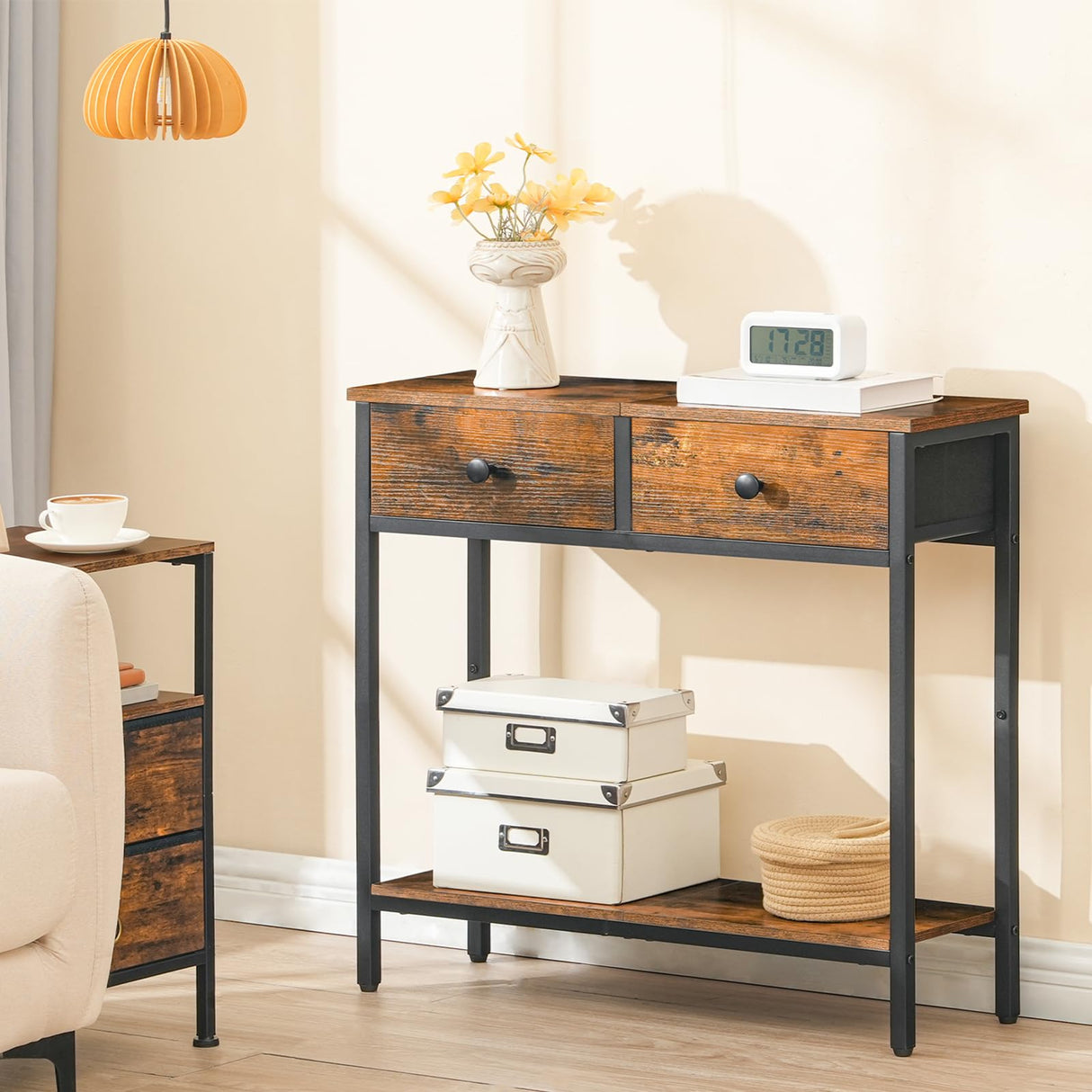 HOOBRO 29.5" Narrow Console Table with 2 Fabric Drawers, Small Entryway Table with 2-Tier Storage Shelves, Thin Sofa Table, Side Table, for Living Room, Hallway, Rustic Brown and Black BF71XG01 HOOBRO