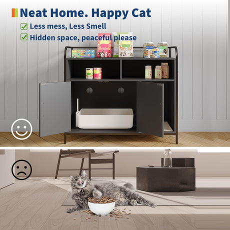 GarveeHome Cat Litter Box Enclosure with Metal Frame and Dual Storage Shelves, Modern Hidden Litter Box Furniture Indoor Cat House, Side Table Style Black GarveeHome