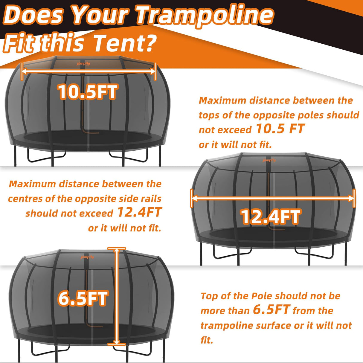jumpfly Trampoline Round Tent(Tent ONLY) Fits 12FT Frame 8 Curved Poles with LED Lights Trampoline Accessories - Wear-Resistant - Black jumpfly