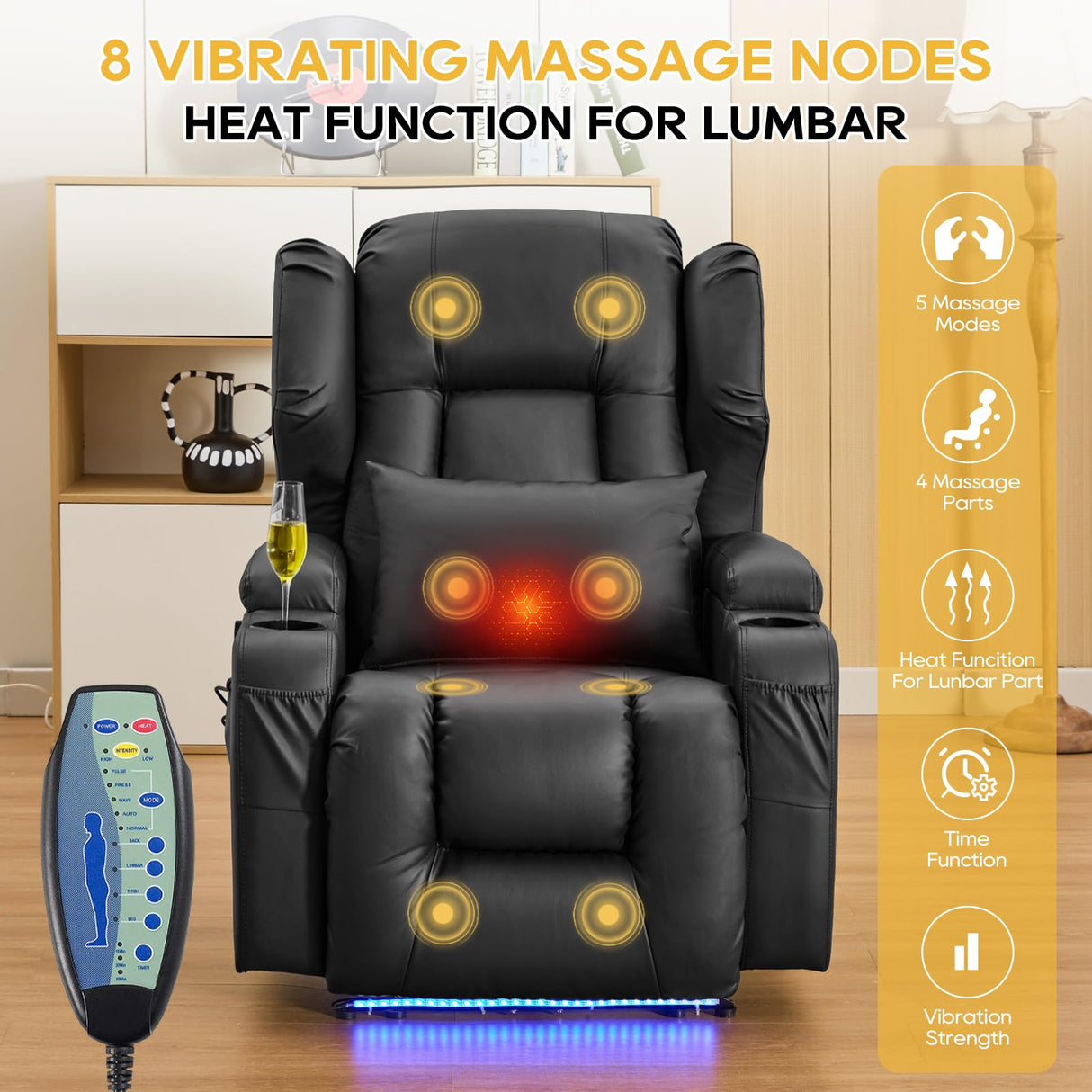 IPKIG Power Recliner Chair with Massage and Heat, Electric Recliner for Living Room, Home Theater, Bedroom, with LED Lights, USB Charger, Cup Holders, Side Pockets & Lumbar Pillow (1, Black) IPKIG