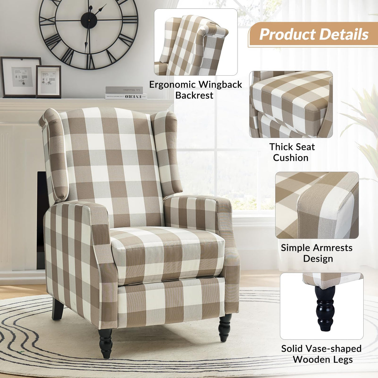 HULALA HOME Wingback Recliner Chair, Traditional Push Back Recliner Single Sofa with Solid Wood Legs, Modern Lounge Armchair for Living Room, Comfy Upholstered Accent Reclining Chair, Buffalo Beige HULALA HOME