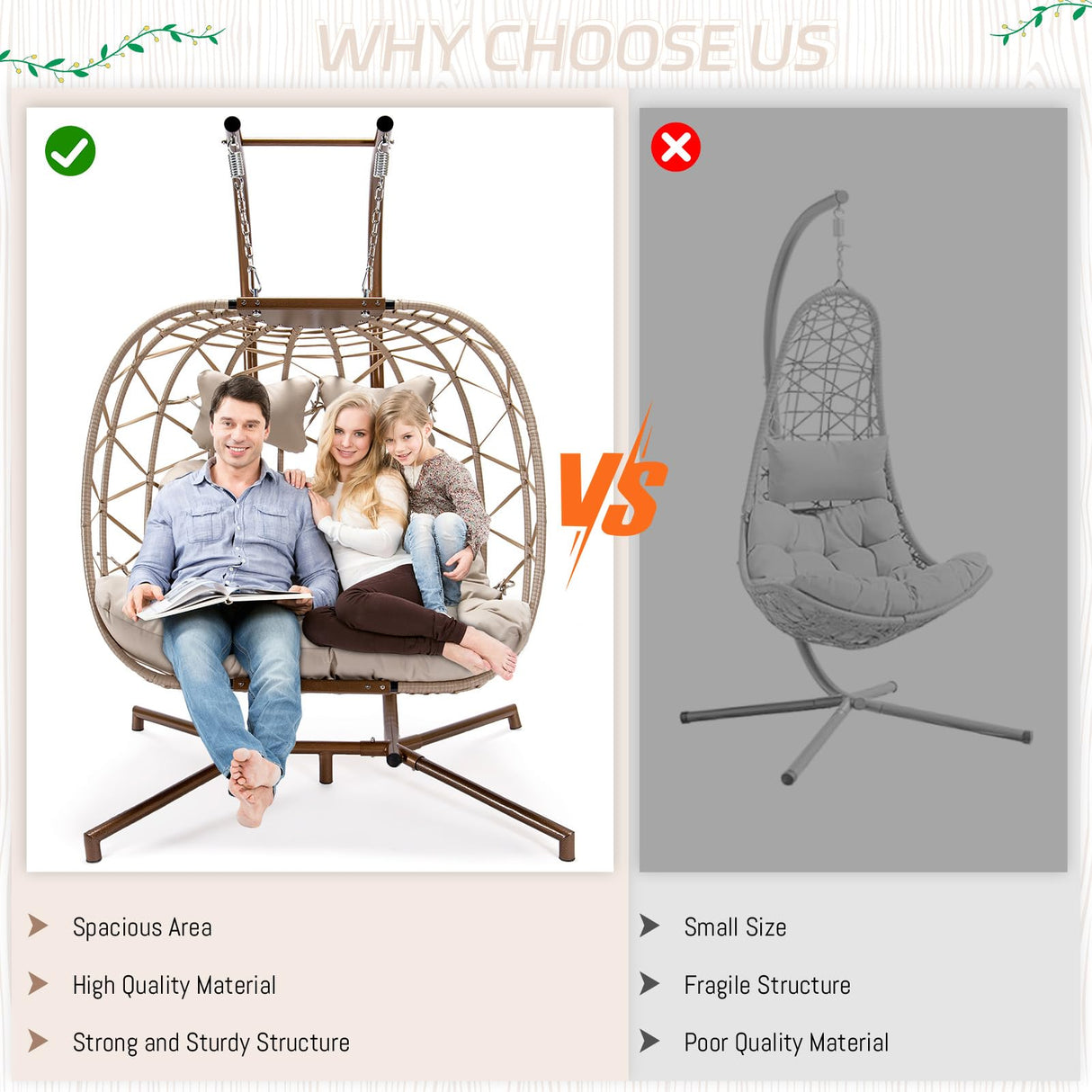 BLUEXYARD 2 Person Hanging Egg Chair with Stand, Extra Large 700 Lbs Wicker Patio Hammock Loveseat Swing, Oversized Cushioned Double Swing Chair for Indoor Outdoor Garden Balcony Backyard, Beige BULEXYARD