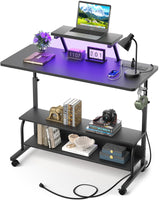 Height Adjustable Standing Desk with Power Outlets and LED Lights - 39" Manual Stand Up Desk with Monitor Stand and Storage Shelves Small Mobile Rolling Computer Desk Portable Laptop Table, Black Besiost