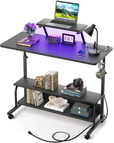 Height Adjustable Standing Desk with Power Outlets and LED Lights - 39" Manual Stand Up Desk with Monitor Stand and Storage Shelves Small Mobile Rolling Computer Desk Portable Laptop Table, Black