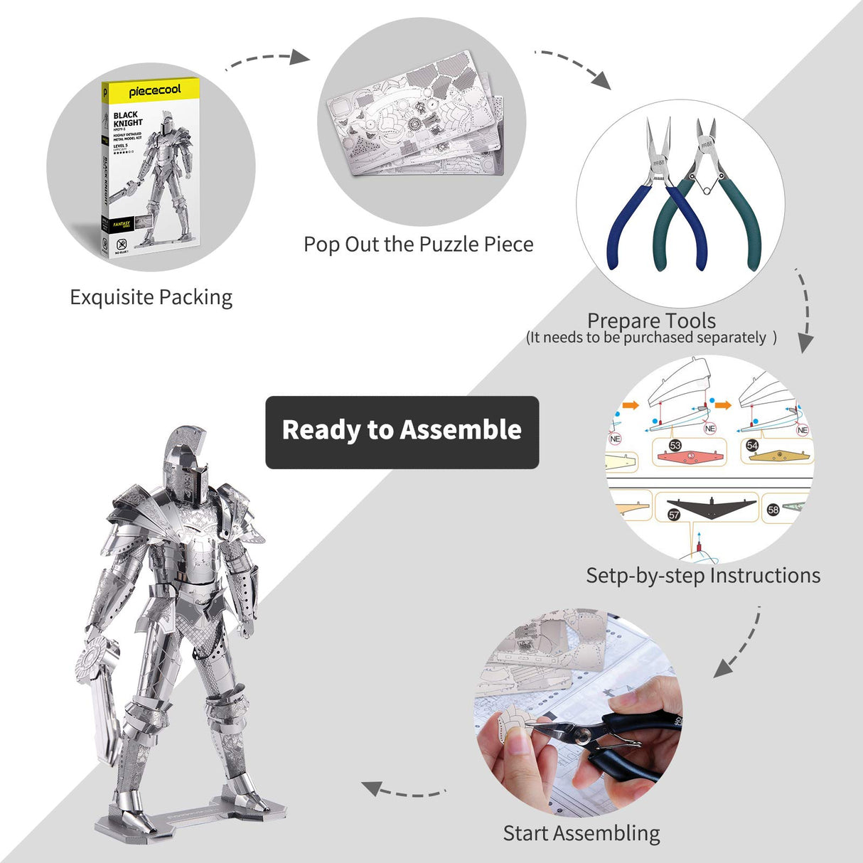 Piececool 3D Metal Puzzles for Adults DIY Mecha Model Kits Building Blocks, Black Knight 3D Figure Model kit Brain Teaser Puzzle Fidget Toys Hobbies for Men, Great Birthday Gifts -125 Pcs Piececool