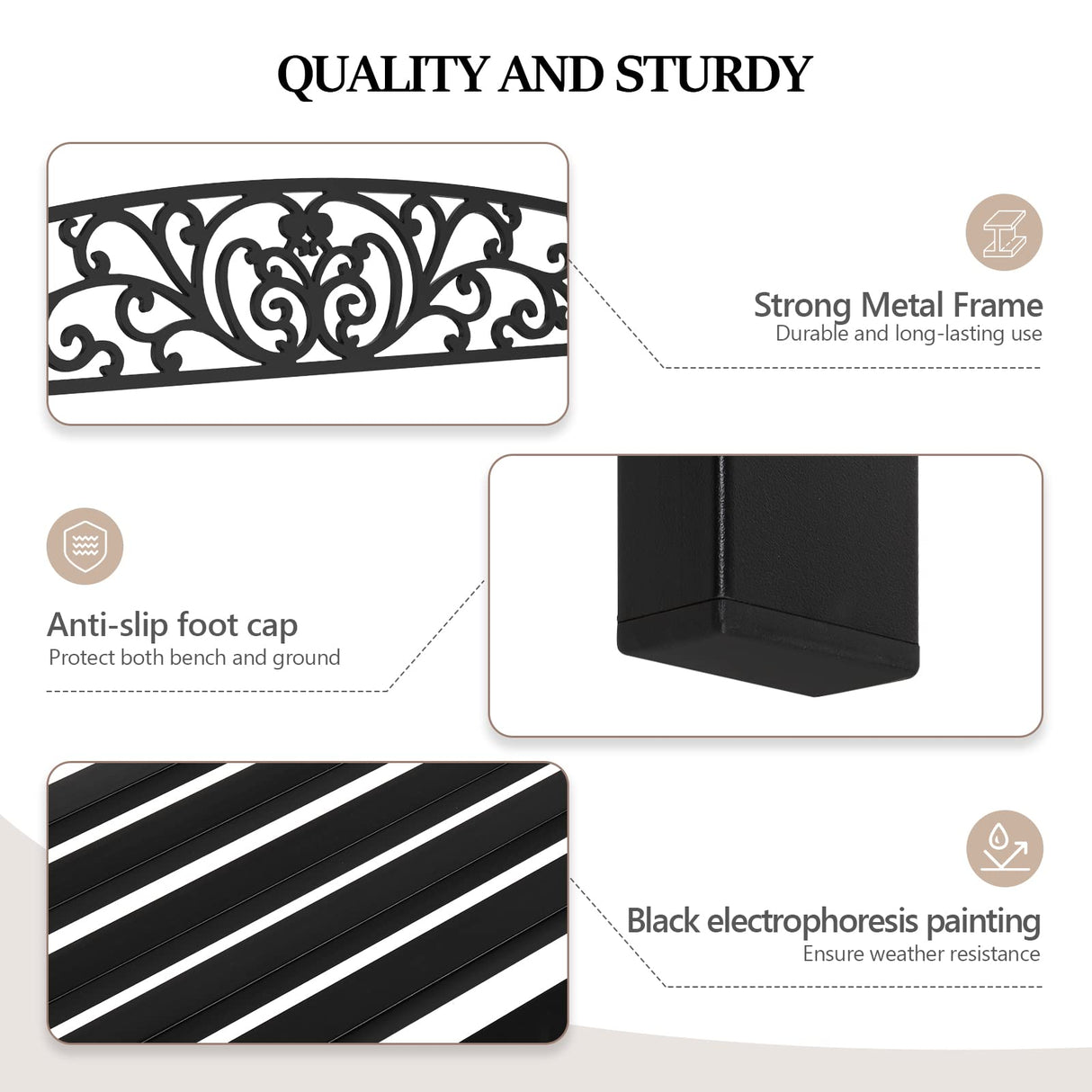 VINGLI Outdoor Bench for Patio Metal Garden Bench w/PVC Back Pattern, Black Park Benches Front Porch Benches for Yard Lawn Decor Deck Entryway (Floral) VINGLI