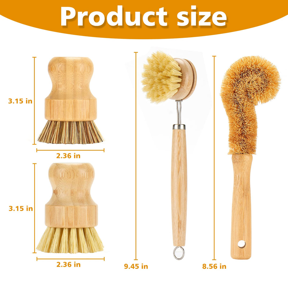 SAMEBUTECO Bamboo Dish Brushes Sets 4 Tools in One Kitchen Clean Dish Scrubber for Pots Pans Bottles with Natural Bristles (Bamboo Brushes Sets) SAMEBUTECO