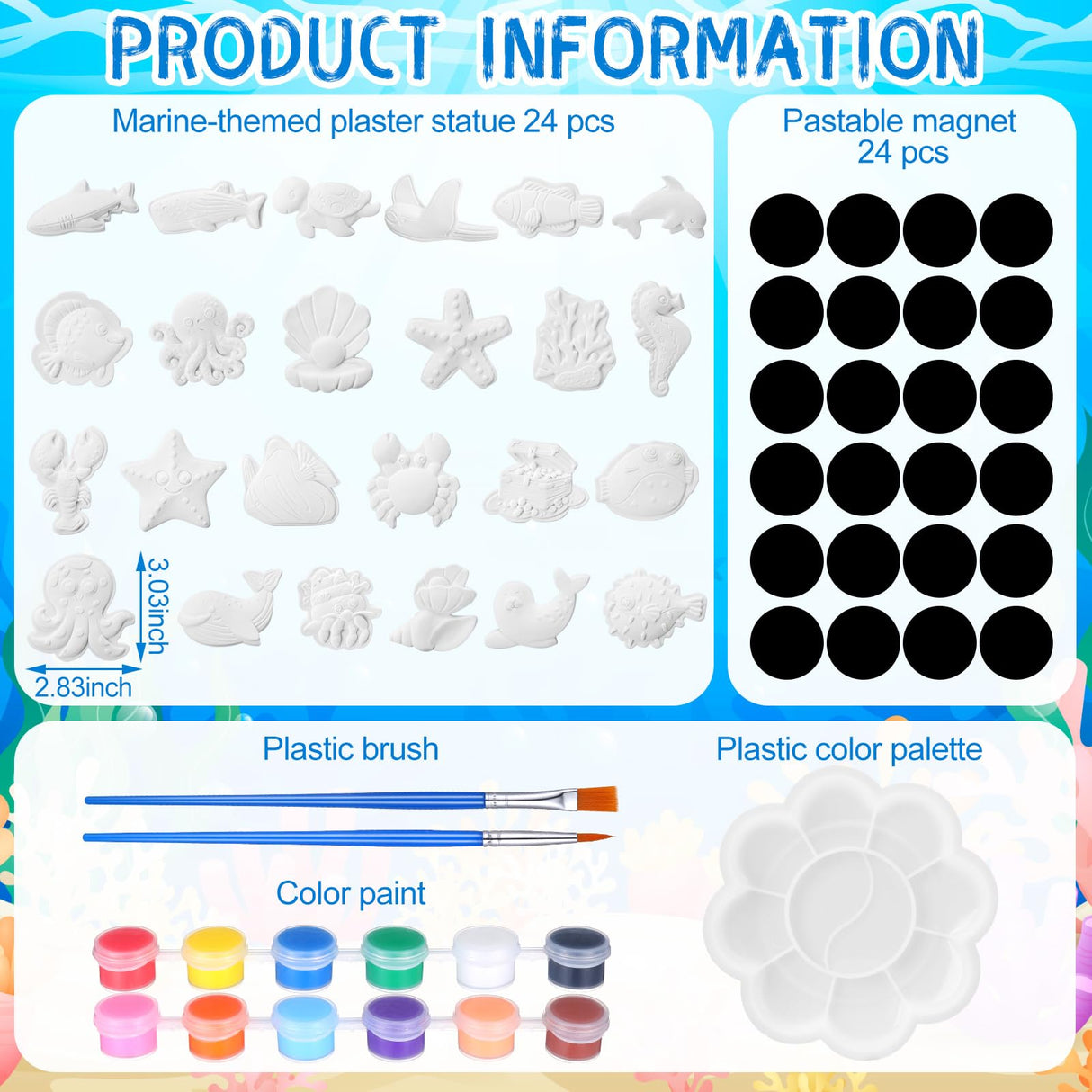 Soulchen 24 Set Ocean Animals Ceramic Painting Kits Sea Animals Ceramic Figurines to Paint with Magnets, Paint Your Own Summer Crafts DIY Unpainted Plaster Figurine Arts with Brushes Palettes Soulchen