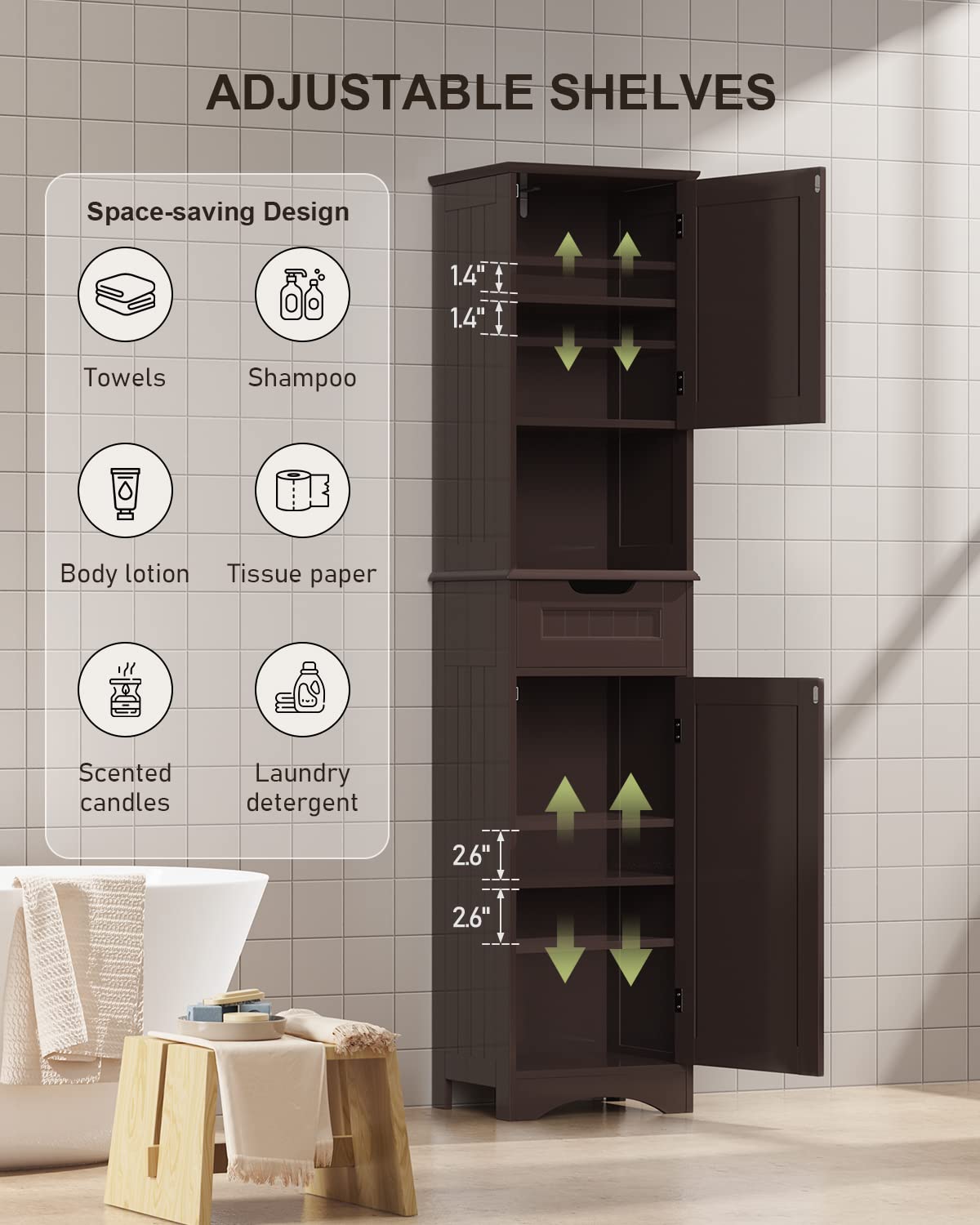 Gizoon 67" Tall Freestanding Bathroom Storage Cabinet with Adjustable Shelves - Dark Brown Linen Tower - WoodArtSupply