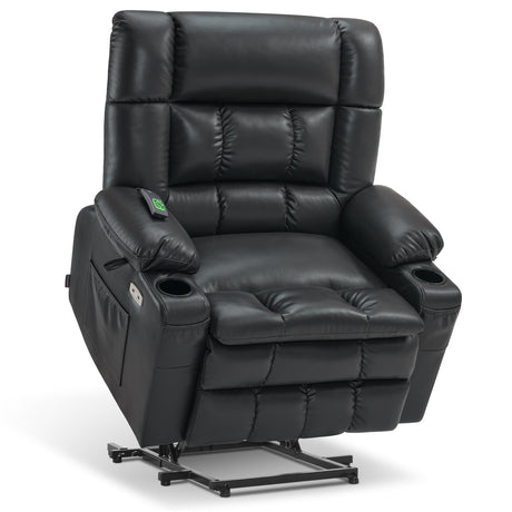 MCombo Dual Motor Power Lift Recliner Chair for Elderly, Lay Flat Lift Chair with Heat and Massage, Petite Wide Lift Chair, Cup Holders, USB A&C Ports, Faux Leather R7894 (Black, Small-Wide) MCombo