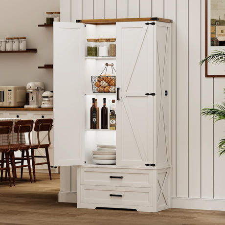 TAGELIER Farmhouse Storage Cabinet with Adjustable Shelves, 69" Tall Pantry Cabinet with 2 Drawers & Doors, Wood Storage with LED Light for Kitchen, Dining Room, Bathroom, Utility Room, White TAGELIER