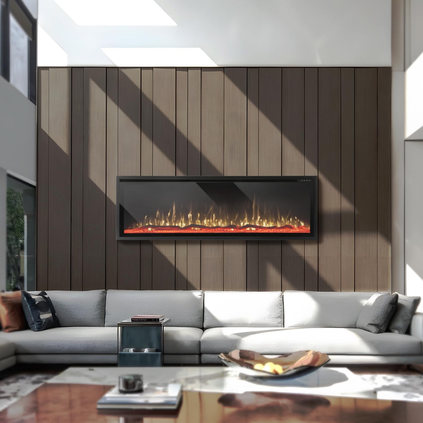 PHI VILLA 60" Electric Fireplace Wall Mounted, in Wall Recessed Fireplace Electric with Crystal, Fake Charcoal & Log Sets for Indoor, Remote Control, 750W/1500W, Timer, Ultra-Narrow Bezel