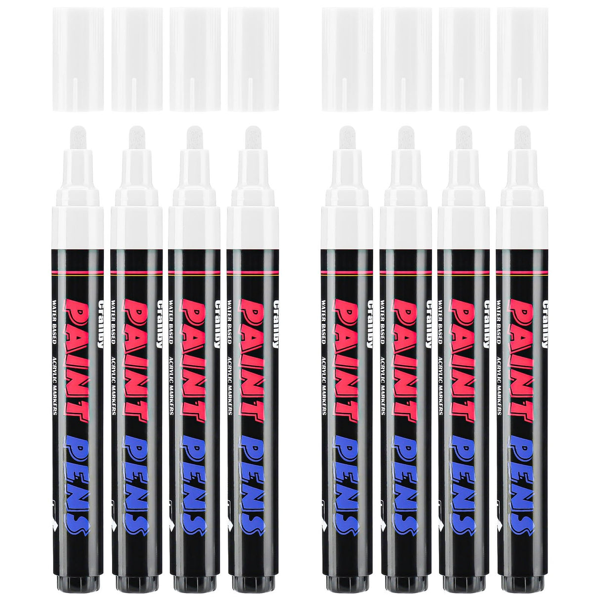 Craiiby White Paint Pens Paint Markers - 8 Pack Permanent Acrylic Quick Dry Waterproof Marker Pens for Rocks Wood Fabric Plastic Canvas Glass Mugs Metal Tire Stone Craiiby