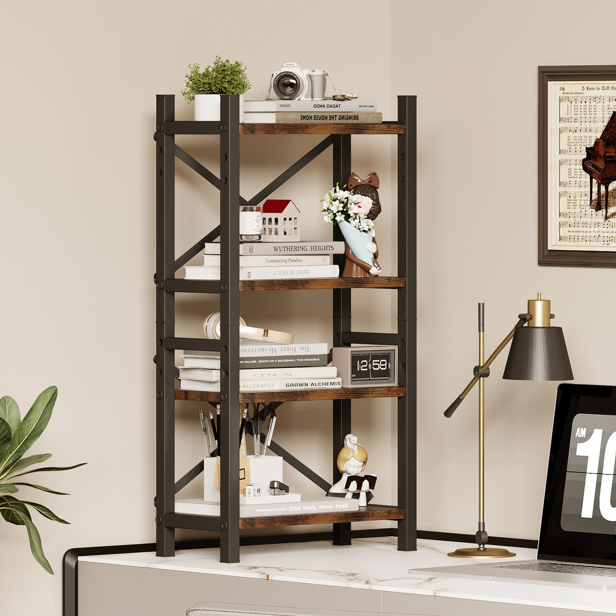 Desktop Bookshelf, 4-Tier Stackable Narrow Bookcase, Adjustable Industrial Desk Organizer & Hutch - Rustic Brown Wood Desktop Book Organizer for Living Room, Bedroom & Home Office Homeiju