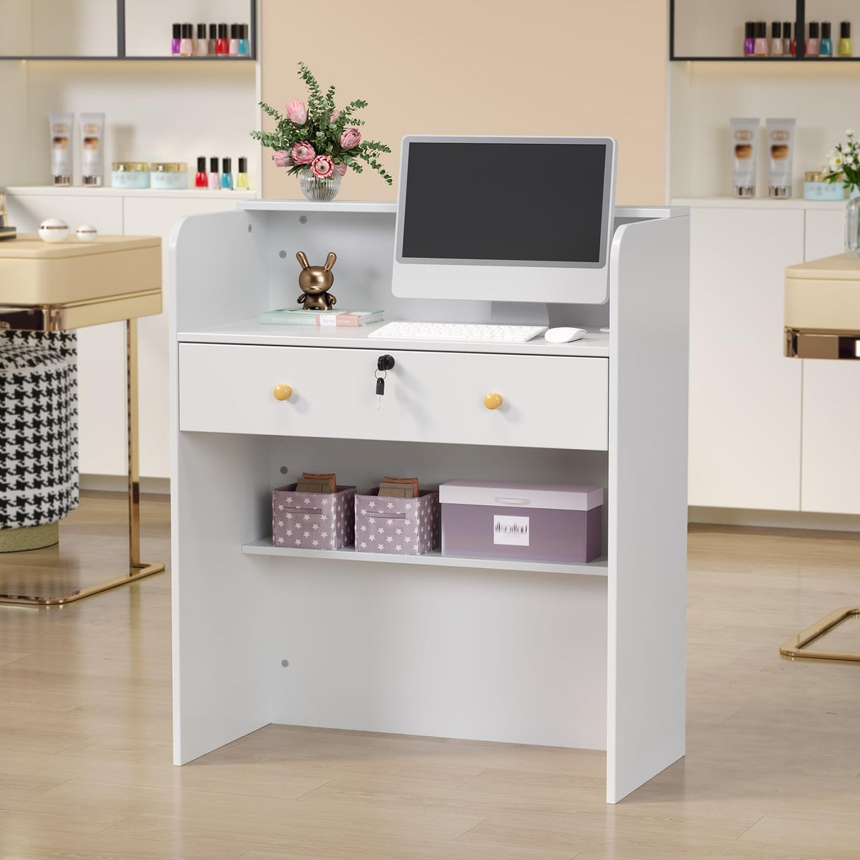 OmySalon Reception Desk with Counter, Small Front Desk w/Lockable Drawer, Wooden Modern Reception Table for Salon Lobby Office Home (White, 32) OmySalon
